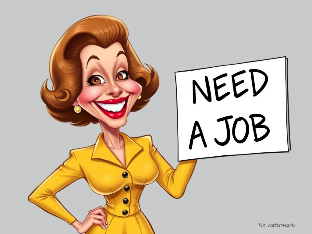 caricature of a smiling Rita Hayworth in a Yellow dress or suit, holding up a sign that says "NEED A JOB", no watermark,