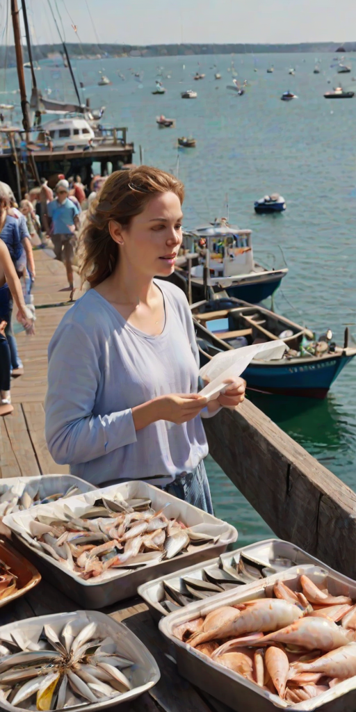 Bustling pier in a coastal town, fishing boats docked, seagulls flying overhead, a woman leans against a railing, eating fresh seafood from a paper tray while watching the harbor come alive with activity.