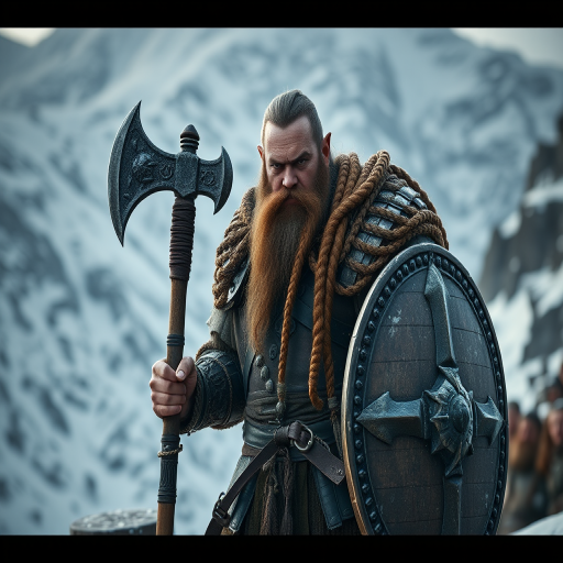 Create an epic scene of a fierce warrior dwarf, holding an axe and shield, with intricate armor and a long braided beard, standing in a snowy mountainous landscape, shot with a Canon EOS R5, 50mm lens, f/1.8, ISO 100, with dramatic lighting and a shallow depth of field to enhance details and atmosphere.