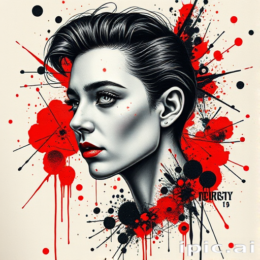 Striking trash polka tattoo combining realistic portraits with abstract elements, utilizing bold red and black ink splatters, typography, and geometric shapes for a chaotic yet harmonious composition