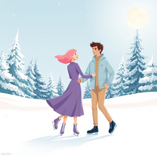 Generate an illustration of a couple ice skating in a snowy landscape, the girl in a purple dress and pink bob haircut, the boy in a light blue jacket and beige pants, surrounded by frosty pine trees and a pale sun in the sky, rendered in a soft pastel color palette, using a digital art style with a high-resolution format, applying a soft focus lens effect for a dreamy atmosphere.