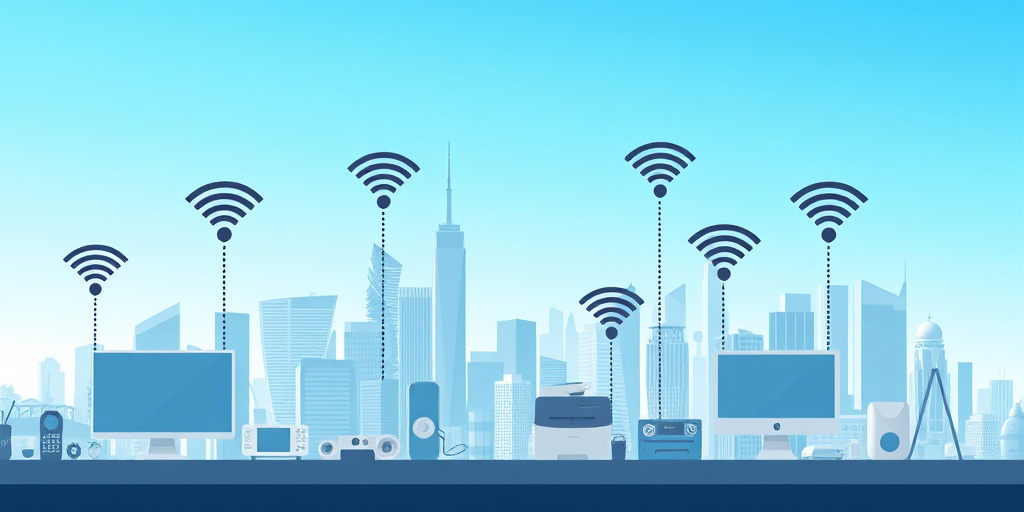 Create an infographic depicting a modern city skyline with a clear blue sky background, showcasing multiple devices like a TV, printer, computer, and meters connected by Wi-Fi signals, use a Canon EOS R camera, 24mm lens, f/8 aperture, ISO 100, and a high dynamic range imaging style.