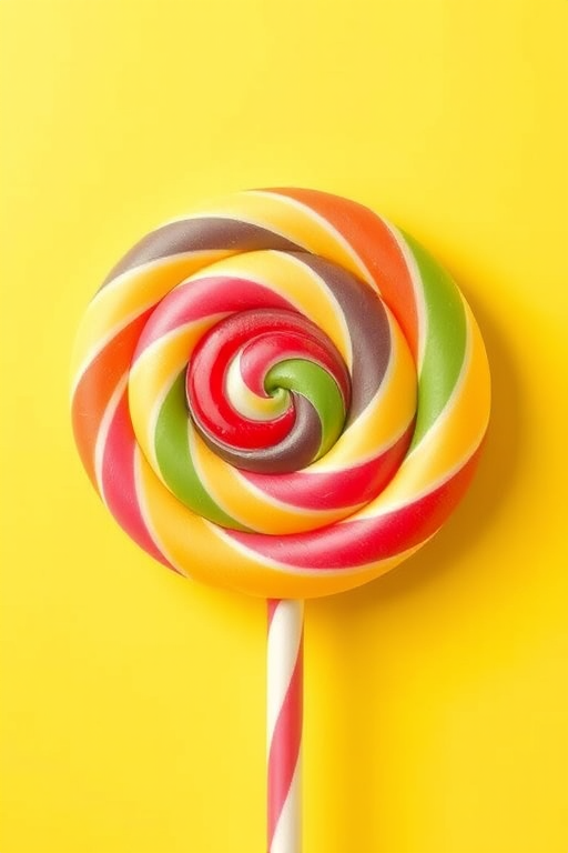 Create a vibrant and detailed illustration of a colorful spiral lollipop on a plain background, using a Canon EOS R5 camera with a 50mm lens, aperture set to f/2.8, ISO 100, and a soft focus effect to enhance the sweetness and texture of the candy.