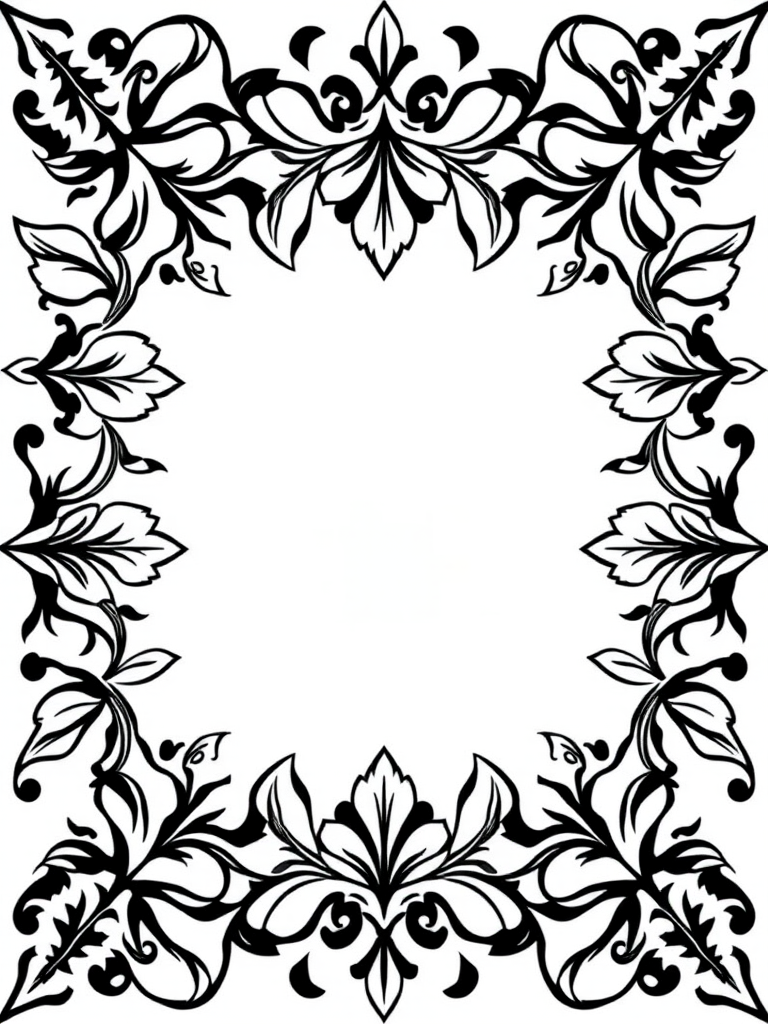 Create an intricate, black and white patterned border featuring symmetrical leaf shapes on all sides, enclosing a blank central square for text or image placement.