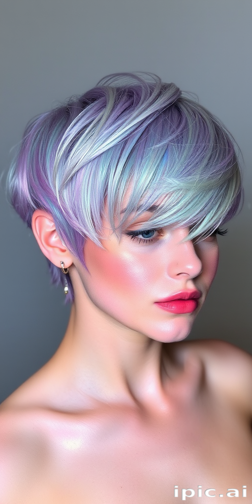 Ethereal opal holographic pixie cut dubbed Crystal Prism boasting a short textured crop that shifts colors with movement creating a mesmerizing rainbow effect in various lighting conditions