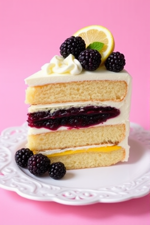 A slice of layered cake with alternating stripes of white cream, yellow filling, and berry jam, garnished with fresh blackberries and a lemon slice, placed on an ornate white plate against a pink background.