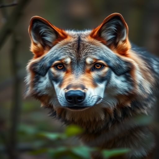 A highly detailed portrait of a wolf in a forest setting, focusing on its piercing eyes and lush fur, captured with a Canon EOS 5D Mark IV, 50mm lens, f/1.8 aperture, ISO 200, natural lighting, shallow depth of field.