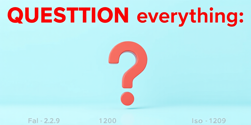 Create an image with a minimalistic design featuring a large 3D question mark in the center, supported by light blue background, the text "QUESTION everything" at the top in bold red font, camera settings at f/2.8, ISO 100, 1/250s, captured with a DSLR camera, wide-angle view, vibrant colors for enhanced image quality, focus on clarity and depth.