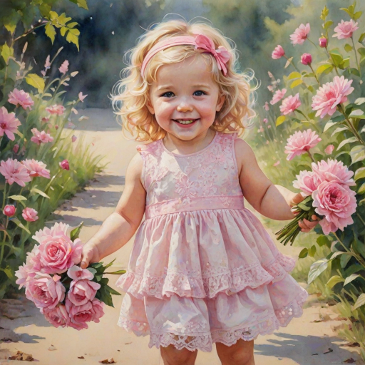 hyperrealism happy smiling toddler girl with messy wavy blonde hair with a headband, she is wearing a pink and white lace dress with pink and white shoes, she is holding a pink bouquet of flowers. Pink flowers and butterflies. summer background. Watercolor Highly detailed
