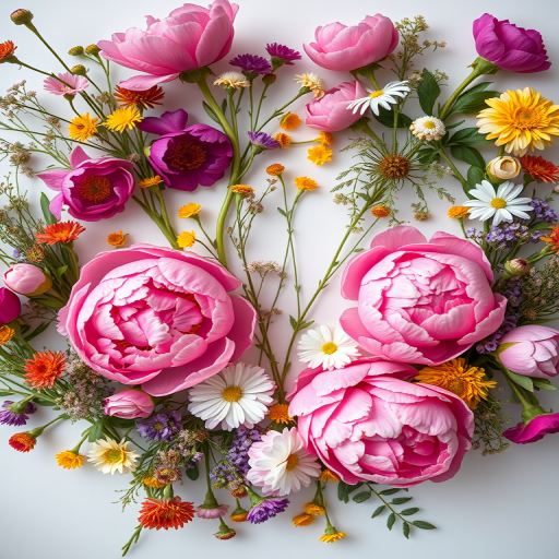 Generate a high-resolution floral arrangement featuring pink peonies and assorted wildflowers centered on a white background, shot with a Canon EOS R5 at f/4, ISO 100, 50mm lens, in natural light for vibrant colors and soft focus.