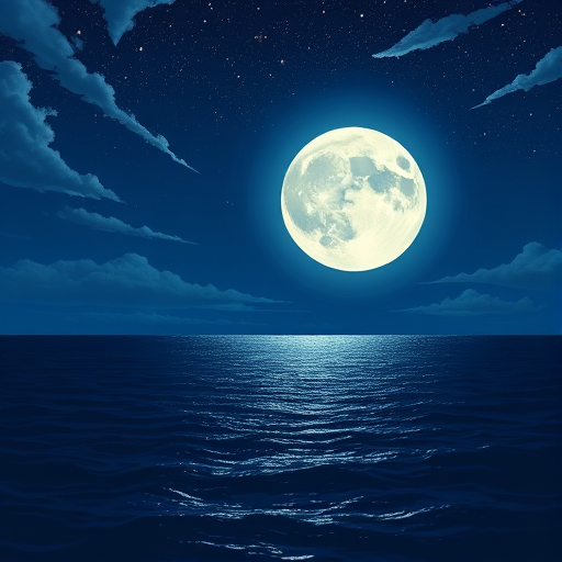 Create an illustration of a serene night scene with a large, bright full moon reflecting on a calm ocean, deep blue sky with scattered clouds, and twinkling stars, captured with a DSLR camera, ISO 100, aperture f/8, shutter speed 1/60s, using a wide-angle lens for a panoramic view.