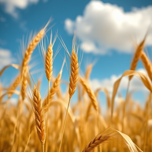 capture a close-up of golden wheat stalks swaying in the wind under a clear blue sky with fluffy clouds using a DSLR camera at f/2.8 aperture, 1/1000 shutter speed, ISO 200, 35mm lens to enhance depth of field and clarity