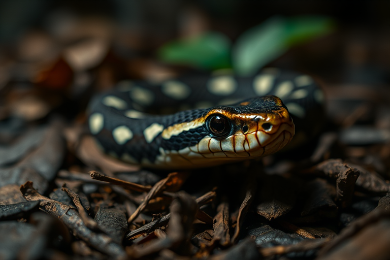 Close-up of a camouflaged snake resting on dry leaves in a dimly lit environment, shot with a DSLR camera using a 50mm lens, aperture f/2.8, ISO 400, shutter speed 1/60s for enhanced depth of field and detail.