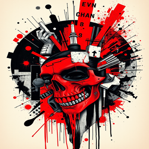 Avant-garde trash polka tattoo called "Urban Chaos" combining bold graphic elements abstract shapes and photorealistic imagery in a dynamic collage-like composition utilizing a limited color palette of black and red to create high contrast and visual impact incorporating typography grunge textures and distressed effects to evoke a sense of urban decay and rebellious energy