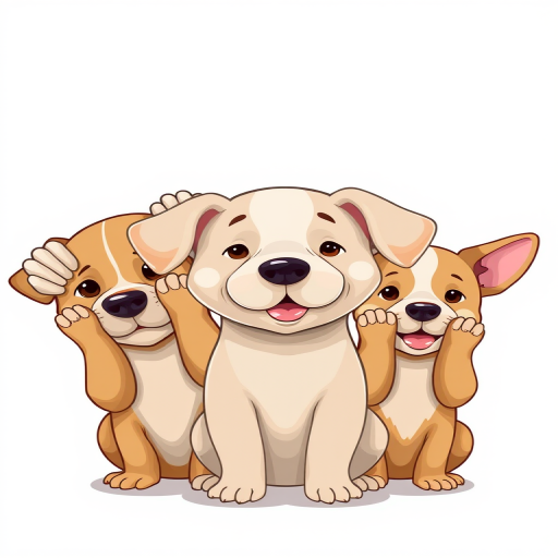 Create an illustration of three dogs with different expressions: one with paws covering eyes, one with paws covering ears, and one with paws covering mouth, using a high-resolution digital art style, 300 DPI, 16:9 aspect ratio, created with a Wacom tablet and Adobe Illustrator.