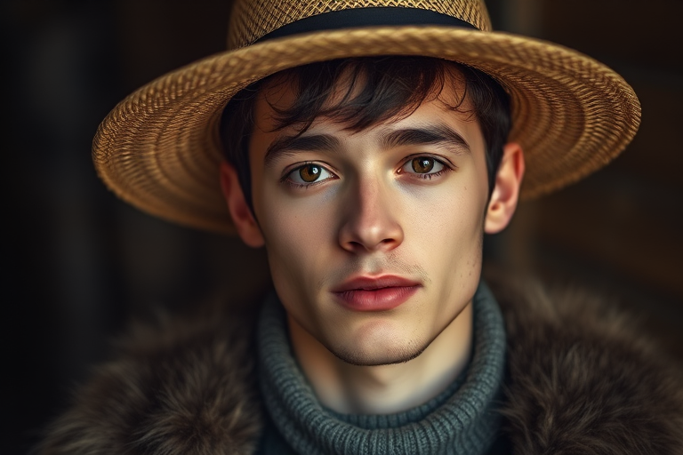portrait of a young man wearing a straw hat and fur jacket, soft lighting, 50mm lens, f/1.8 aperture, ISO 100, shallow depth of field, captured with a DSLR camera