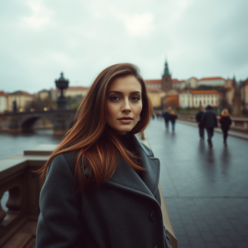 cinematic photo from above, waist up shot, sharp focus, a beautiful woman in foreground, in Prague, at the Charles Bridge, river in background, overcast rainy day, wearing long grey wool coat, warm rich color palette