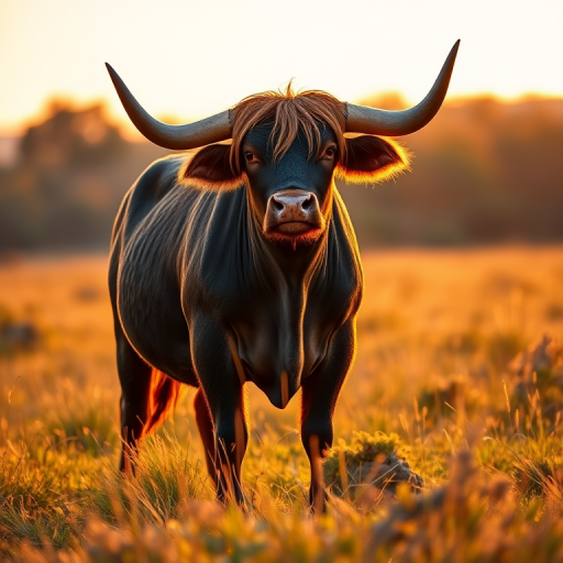 Create an image of a standing bull in a grassy field during golden hour with a Canon EOS-1D X Mark III camera, aperture set to f/2.8, ISO 100, shutter speed 1/500 sec, using a shallow depth of field and a slightly elevated angle view.