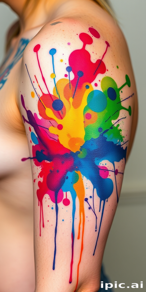 Watercolor splash tattoo known as "Chromatic Explosion" with vibrant paint splatters and drips in a rainbow of colors creating an abstract and dynamic design that appears to be in constant motion
