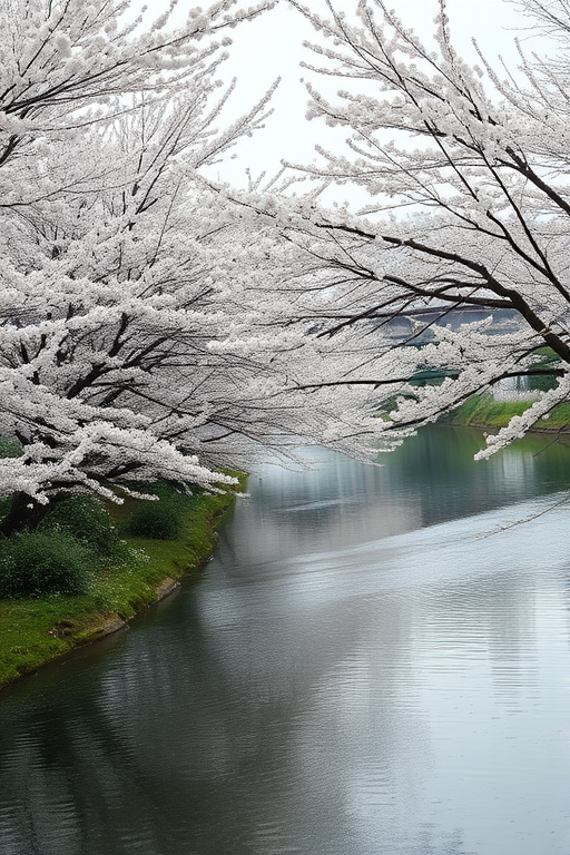 A serene riverside scene featuring cherry blossom trees in full bloom along the banks, with a gentle curve of the river, taken with a Canon EOS R5, f/2.8 aperture, 1/200 sec shutter speed, ISO 100, wide-angle lens, and soft focus to enhance the dreamy atmosphere.