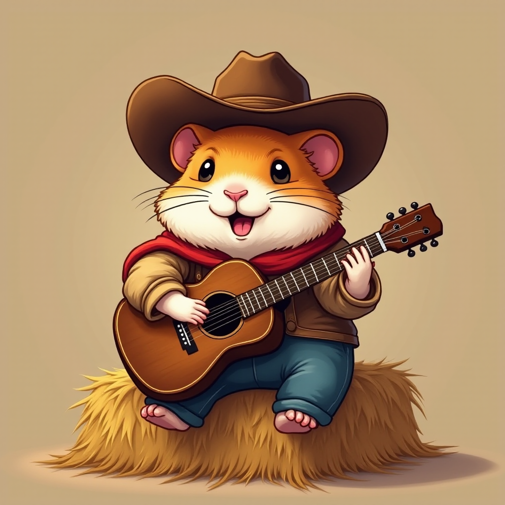 A chibi hamster, dressed as a cowboy, playing guitar, sitting on a hay bale
