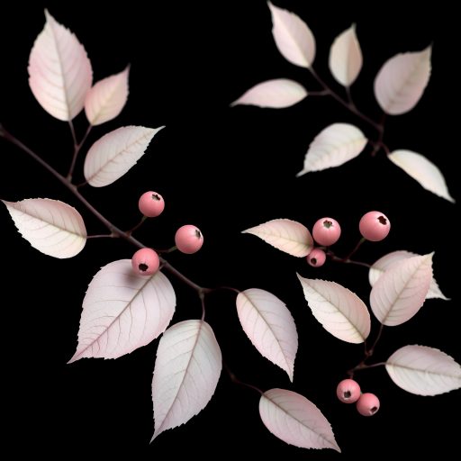 Create a high-resolution digital illustration of delicate pastel leaves and berries against a solid black background, focusing on intricate details and soft gradients, shot from a slightly elevated angle using a DSLR camera with a 50mm lens, aperture set to f/2.8 for shallow depth of field.
