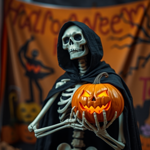 Create a high-resolution image of a detailed skeleton wearing a dark cloak, holding a carved pumpkin with a spooky face, shot with a DSLR camera using a 50mm lens, f/1.8 aperture, ISO 100, in a studio environment with dramatic lighting and a colorful Halloween-themed background.