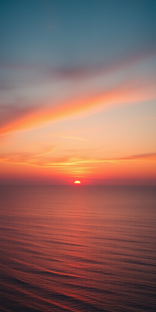 Create a high-resolution image of a sunset over a calm ocean, with vibrant orange and pink hues reflecting on the water, taken with a DSLR camera at f/8 aperture, ISO 200, 24mm focal length, in a landscape orientation, using a warm color filter for enhanced vibrancy.