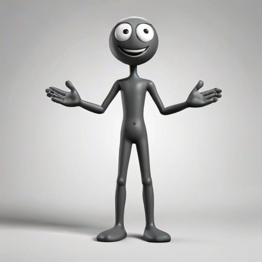 create a simple cartoon stick figure character with a round head, large eyes, and a friendly smile standing upright with arms slightly spread and a playful stance