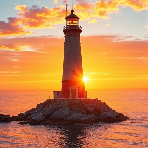 Generate an image of a tall lighthouse perched on a rocky outcrop surrounded by calm ocean waters during a breathtaking sunset. The lighthouse stands sturdy and weathered, its stone surface illuminated by the warm golden light of the setting sun. The sun's rays pass directly through the glass lantern room at the top of the lighthouse, casting a brilliant light across the scene. The sky is painted with vibrant shades of orange, pink, and purple, reflecting off the tranquil sea. The surrounding water shimmers with the same warm hues, creating a serene and majestic atmosphere.