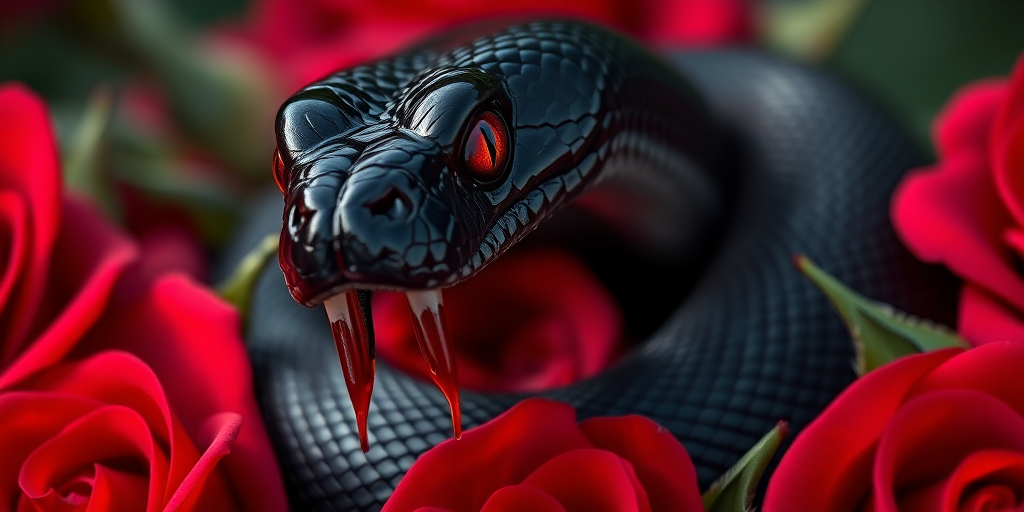 Create a hyper-realistic close-up of a black snake with red eyes and dripping fangs, coiled among vibrant red roses, using a Canon EOS R5, 50mm lens, f/1.8 aperture, ISO 100, shutter speed 1/200s, soft natural lighting, and a shallow depth of field for a dramatic effect.
