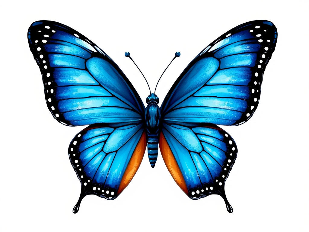 Create a detailed illustration of a butterfly with vibrant blue wings, featuring intricate black patterns along the edges and delicate white spots. The butterfly should be depicted in a symmetrical pose, showcasing its full wingspan against a plain white background.