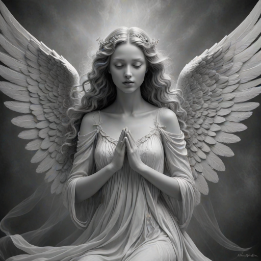 An angel, crafted in the unique style of Folk Art, as she unfolds herself against an ethereal backdrop, her wings softly billowing, face radiating a heavenly glow, every curl in her strikingly serene countenance finely brushed, monochrome, detailed techniques, ultra fine, breathtaking surreal masterpiece