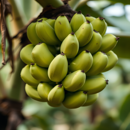 Close-up of a bunch of green bananas hanging from a plant, with a blurred background, using a DSLR camera with a 50mm lens, aperture f/2.8, ISO 100, shutter speed 1/200s, natural light.