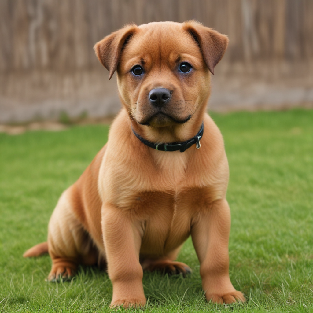Adorable Puppy Sitting on Green Grass with a Playful Expression.