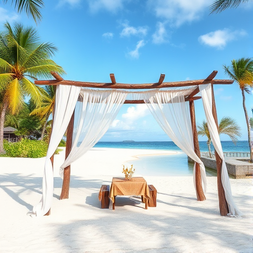 Create a picturesque tropical beach scene featuring a serene, white sandy shore. In the foreground, there's a rustic wooden canopy with white drapes gently flowing in the breeze. Underneath the canopy, a table is set with tropical decor, evoking a sense of relaxation and leisure. The beach extends into a calm, shallow water area with reflections of the sky and surroundings. Palm trees and lush greenery line the edge of the beach, providing a natural, tropical backdrop. The sky is clear with a few scattered clouds, and the overall atmosphere is tranquil and inviting, perfect for a peaceful retreat.