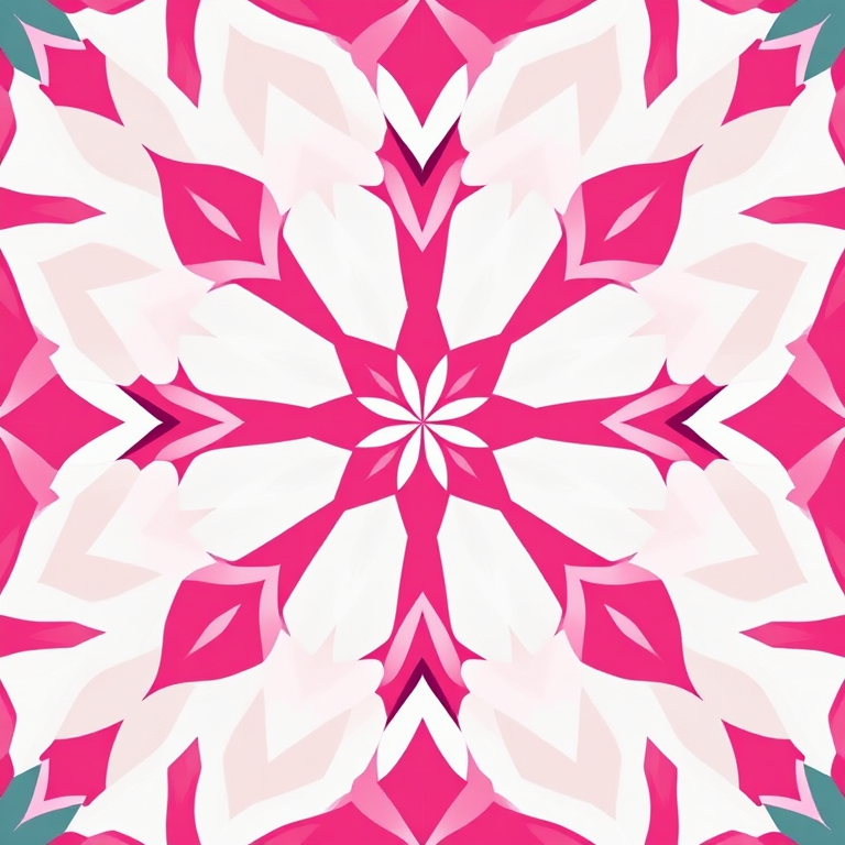 Create a seamless geometric pattern featuring bold pink and white shapes arranged in a star-like formation, captured with a DSLR camera at f/8 aperture, ISO 100, and a 50mm lens in overhead view for high detail and clarity.