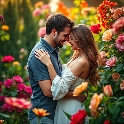 portrait of a romantic couple embracing in a lush garden surrounded by vibrant flowers, soft natural light, shallow depth of field, 50mm lens, f/1.8, Canon EOS R5, vivid colors, high detail, dreamy atmosphere