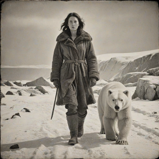A very old photograph in black and white. The photo is badly damaged, faded, with scratches, tears, smudges and dirt. The photo is ultra-realistic and very detailed. It's a picture of an Arctic warrior. She is walking serenely towards the camera. At her side walks a majestic polar bear. Its fur shines in the sunlight. Snow, ice, sea. wind. snow in the air.