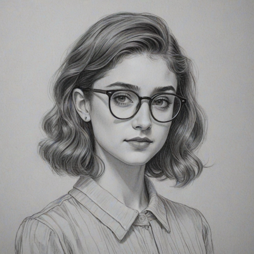 Fetching Natalia Dyer, pencil sketch, portrait of Elegant woman 1941s in glasses, hair style beatnik, outline, clear lines, fine lines, 8k