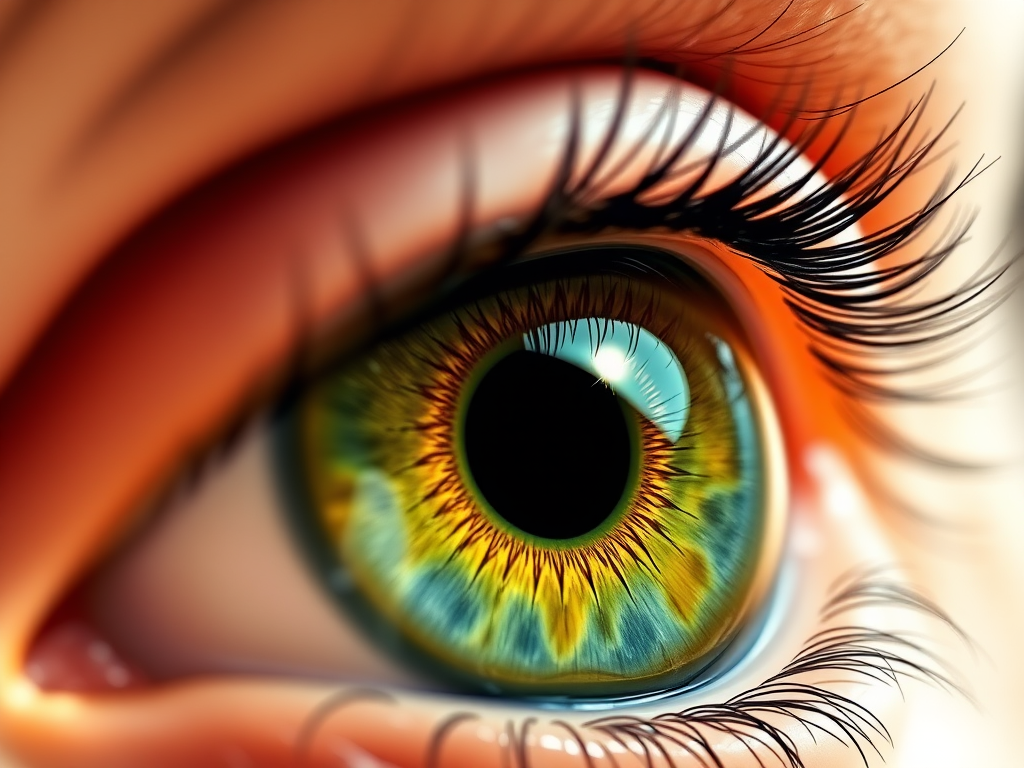 Create a detailed close-up illustration of a human eye with a vibrant green iris, sharp contrast, and realistic textures, using a DSLR camera with a 50mm lens at f/1.8, 1/200 sec shutter speed, and ISO 100, in a bright and well-lit environment.
