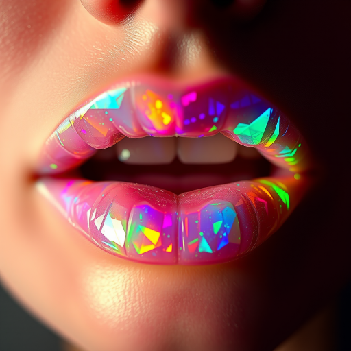 Fascinating image of holographic opal lips shifting colors in the light, capturing an otherworldly and mesmerizing effect in high definition