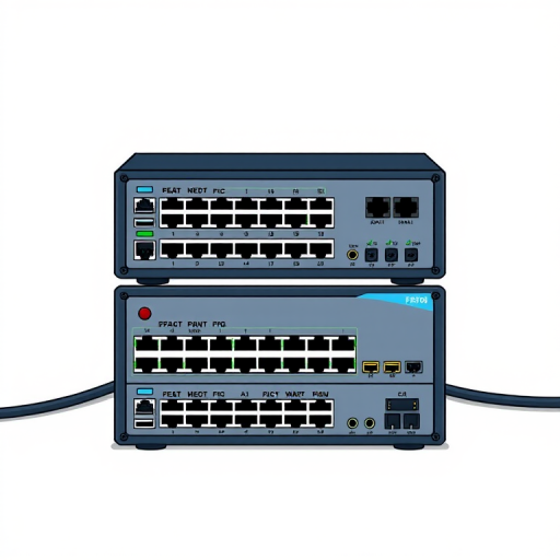 Create a high-resolution digital illustration of a network switch with two stacked units, front view, with detailed LED indicators and cable connections, using a DSLR camera at f/8, ISO 100, 1/50s, and a wide-angle lens to capture the entire setup in sharp focus.