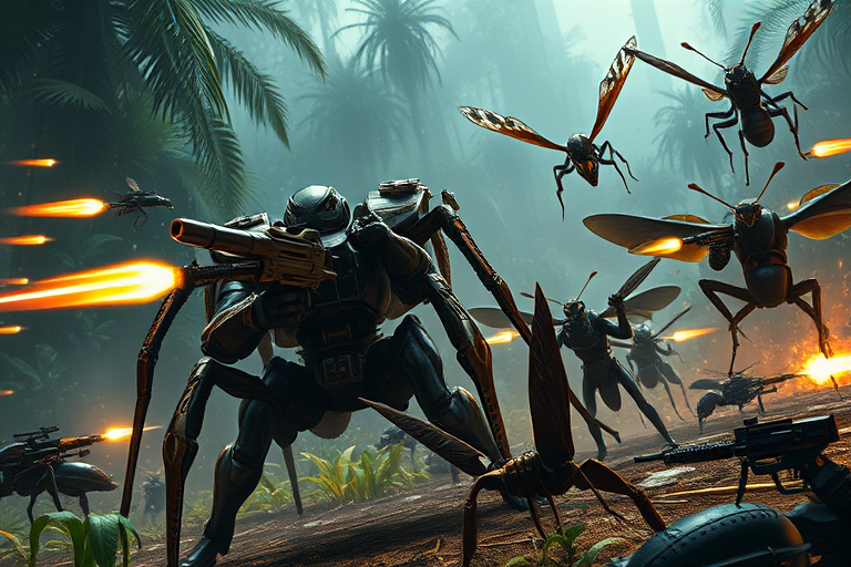 An intense scene where a heavily armored tarantula commando wields a futuristic minigun, spraying bullets in all directions. Nearby, a praying mantis in sleek, stealth armor holds twin energy daggers, poised to strike. Surrounding them are other insect warriors hornets with jetpacks and plasma rifles, and ants carrying heavy artillery. The battlefield is a massive, alien jungle with bioluminescent plants and strange creatures lurking in the shadows. The scene is a blend of chaotic action and tactical precision, with each insect commando positioned strategically in battle-ready stances, evoking a sense of organized warfare in a futuristic, alien setting