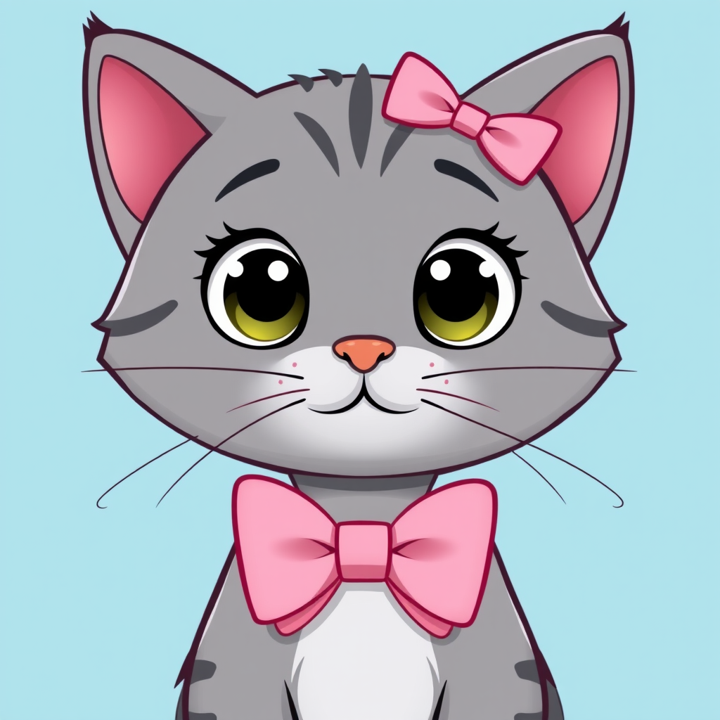 Create a cute cartoon image of a grey cat with big eyes and a pink bowtie, viewed from a slightly elevated angle, using a Canon EOS 5D Mark IV, ISO 100, f/2.8, 50mm lens, and a soft pastel blue background for enhanced contrast.