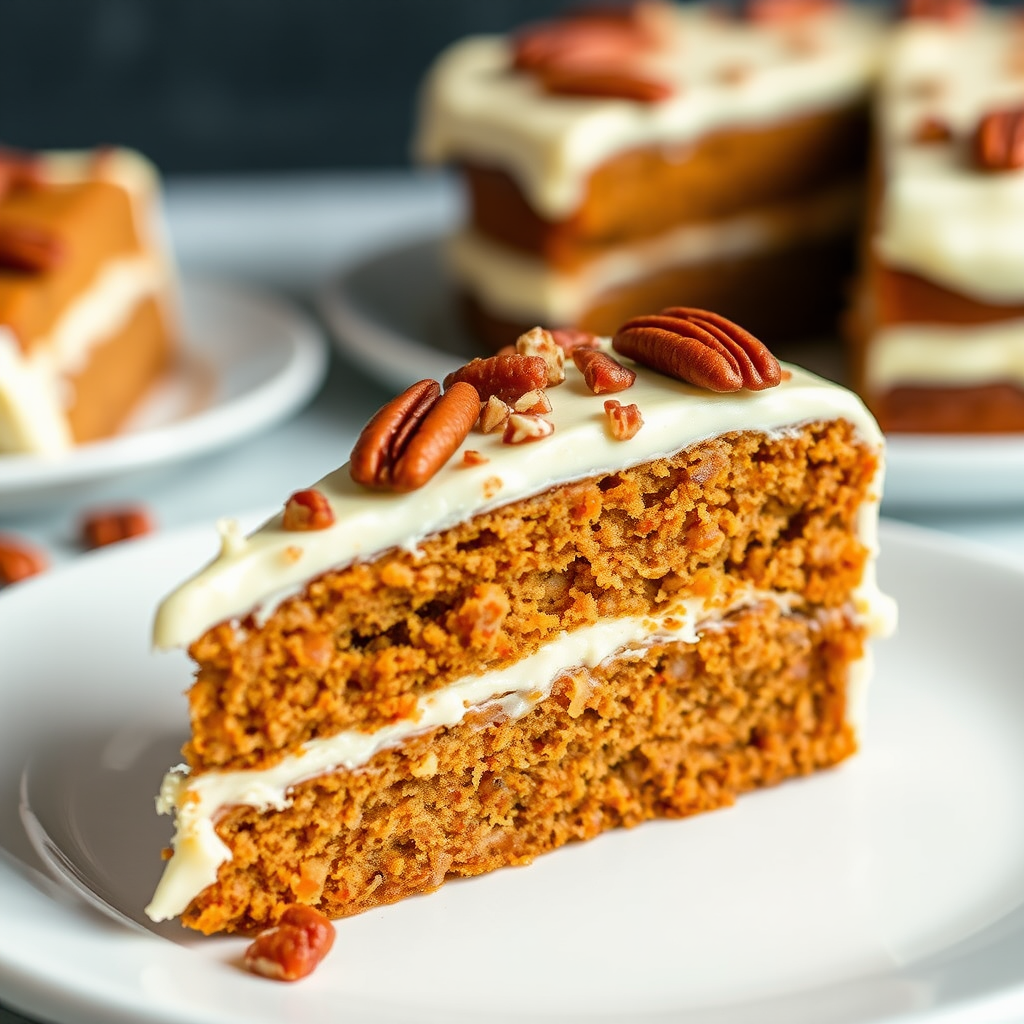 A close-up view of a slice of moist carrot cake with cream cheese frosting topped with crushed pecans on a white plate, showcasing the layered texture of the cake and frosting. The background is softly blurred with more cake visible, creating a warm and inviting dessert scene.