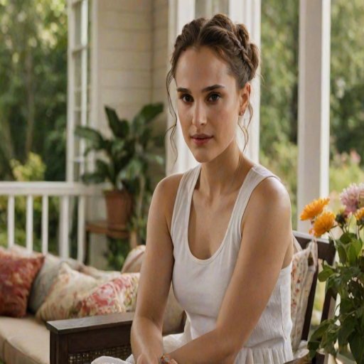 A photo of Natalie Portman with a background of a cozy porch. She has dark hair pulled back in an updo, with tendrils framing her face. She wears a white tank top and sits on the porch. The porch is part of a well-lit home with a warm, earthy tone and colorful flowers and foliage. The overall scene has a warm, welcoming, and comfortable ambiance.