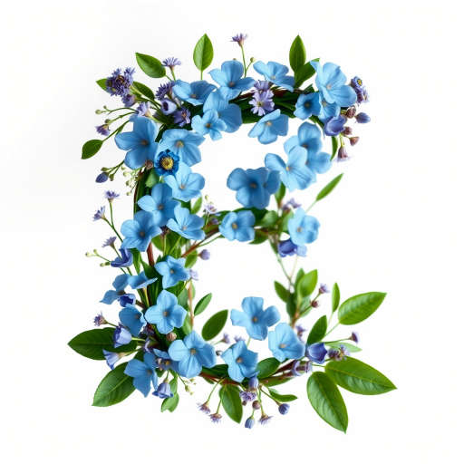 Create a floral monogram letter F with delicate blue flowers and green leaves intertwined around the letter, captured in a soft focus with natural lighting, using a DSLR camera, 50mm lens, aperture f/2.8, ISO 100, shot from eye level.