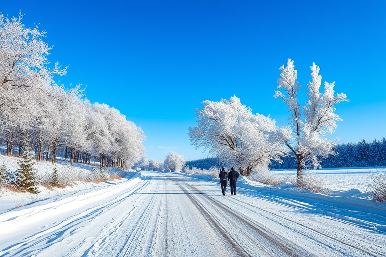 Winter landscape with snow-covered road under a clear blue sky, capturing the shimmering frost on trees, two people walking in the distance, taken with a DSLR camera at f/8, ISO 200, 1/250s, wide-angle lens, natural lighting.