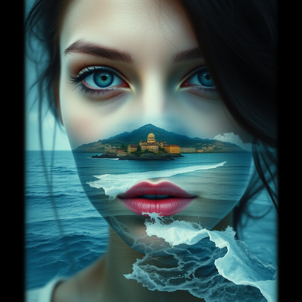 this photo is Book cover, A surreal double exposure portrait that blends a woman's face with a beautiful seascape. The overall mood is dreamy and mystical, with rich colors and intricate details